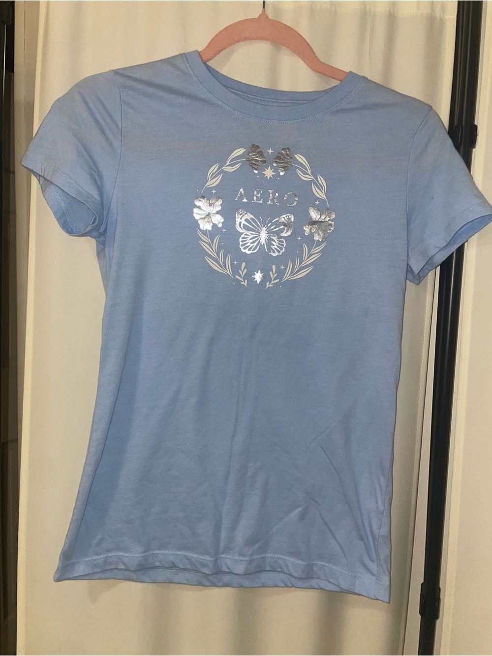 AERO Light Blue Short Sleeve Tee with Silver Foil Butterfly